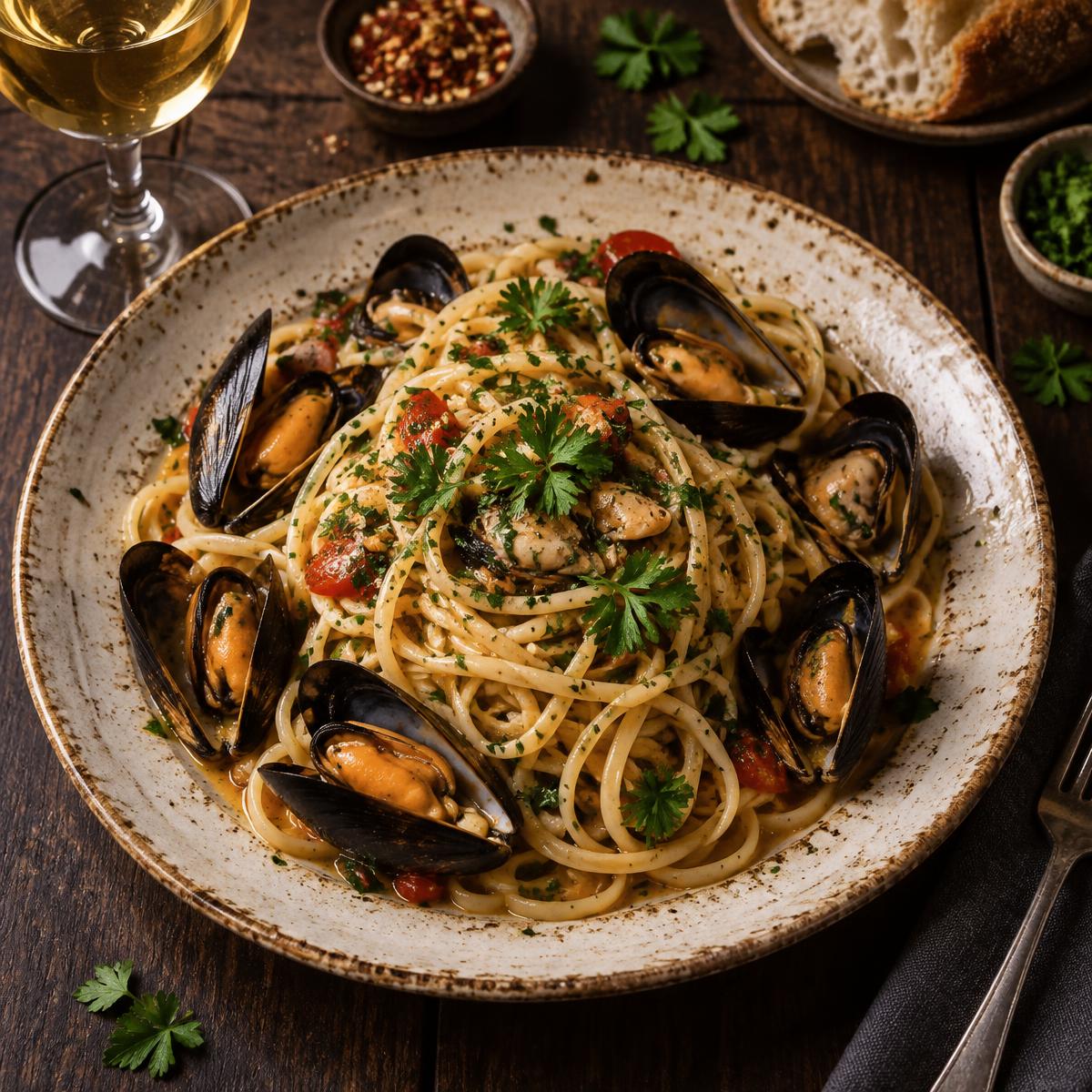 Teller Linguine mit Meeresfrüchten und Petersilie