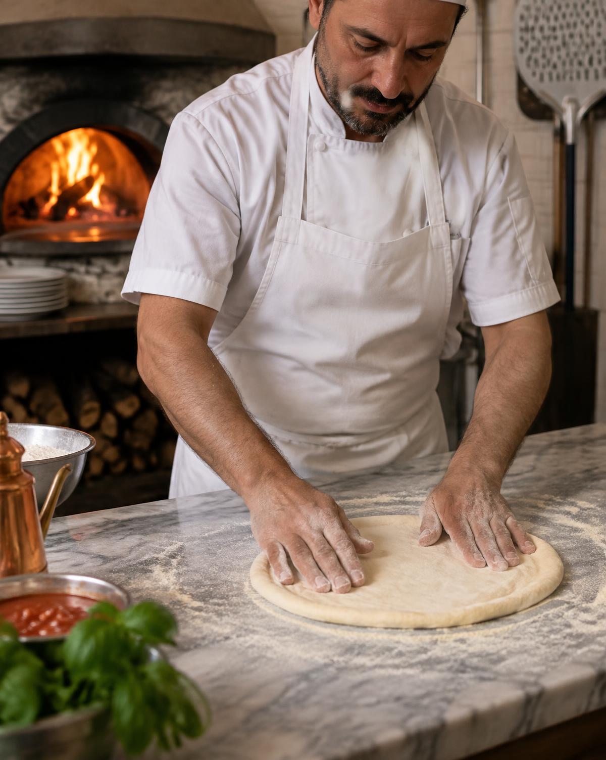 Giovanni zieht frischen Pizzateig auf der bemehlten Marmorplatte aus
